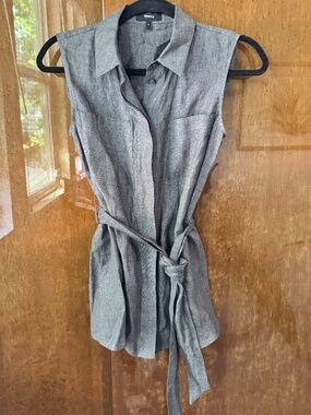 Theory Sleeveless Button Down Tie Waist Top Tunic Shirt